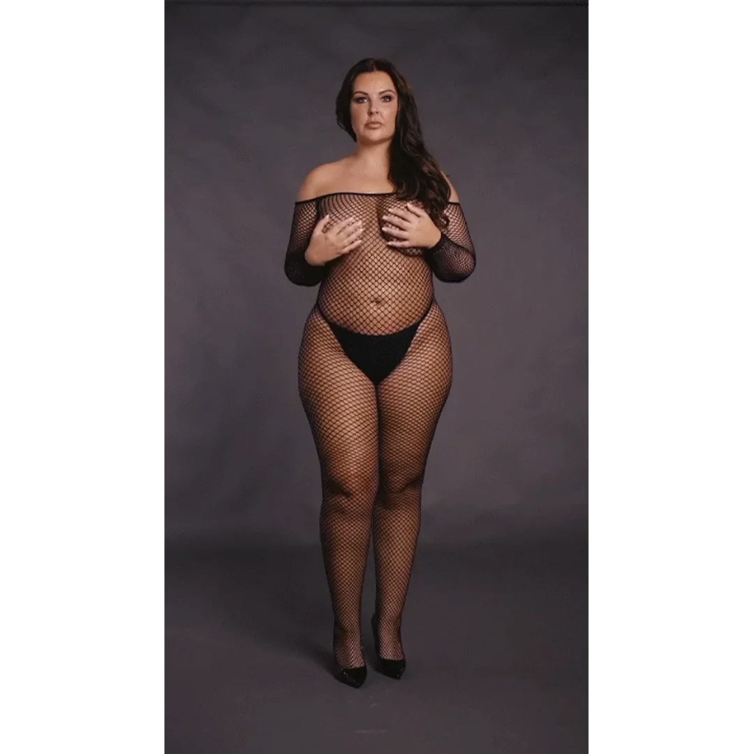 Le Desir Bodystocking XL-4XL z długim rękawem, siateczka, czarny — zdjęcie 7