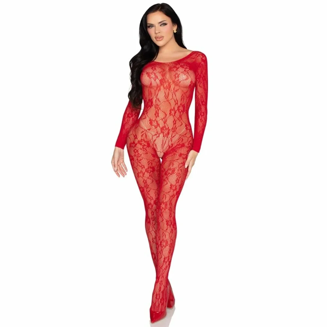Leg Avenue 89366 Bodystocking koronkowy czerwony, kwiatowy wzor, uniwersalny — zdjęcie 2