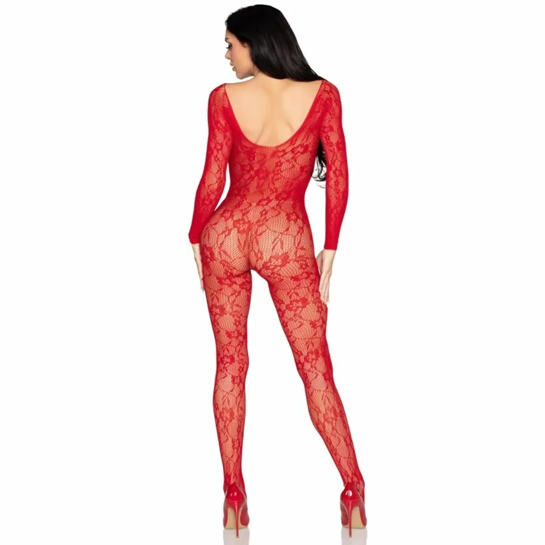 Leg Avenue 89366 Bodystocking koronkowy czerwony, kwiatowy wzor, uniwersalny — zdjęcie 3