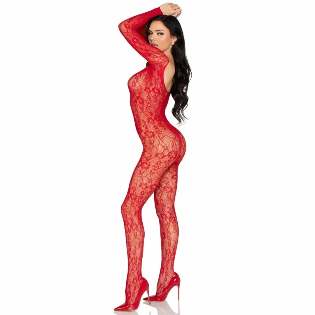 Leg Avenue 89366 Bodystocking koronkowy czerwony, kwiatowy wzor, uniwersalny — zdjęcie 4
