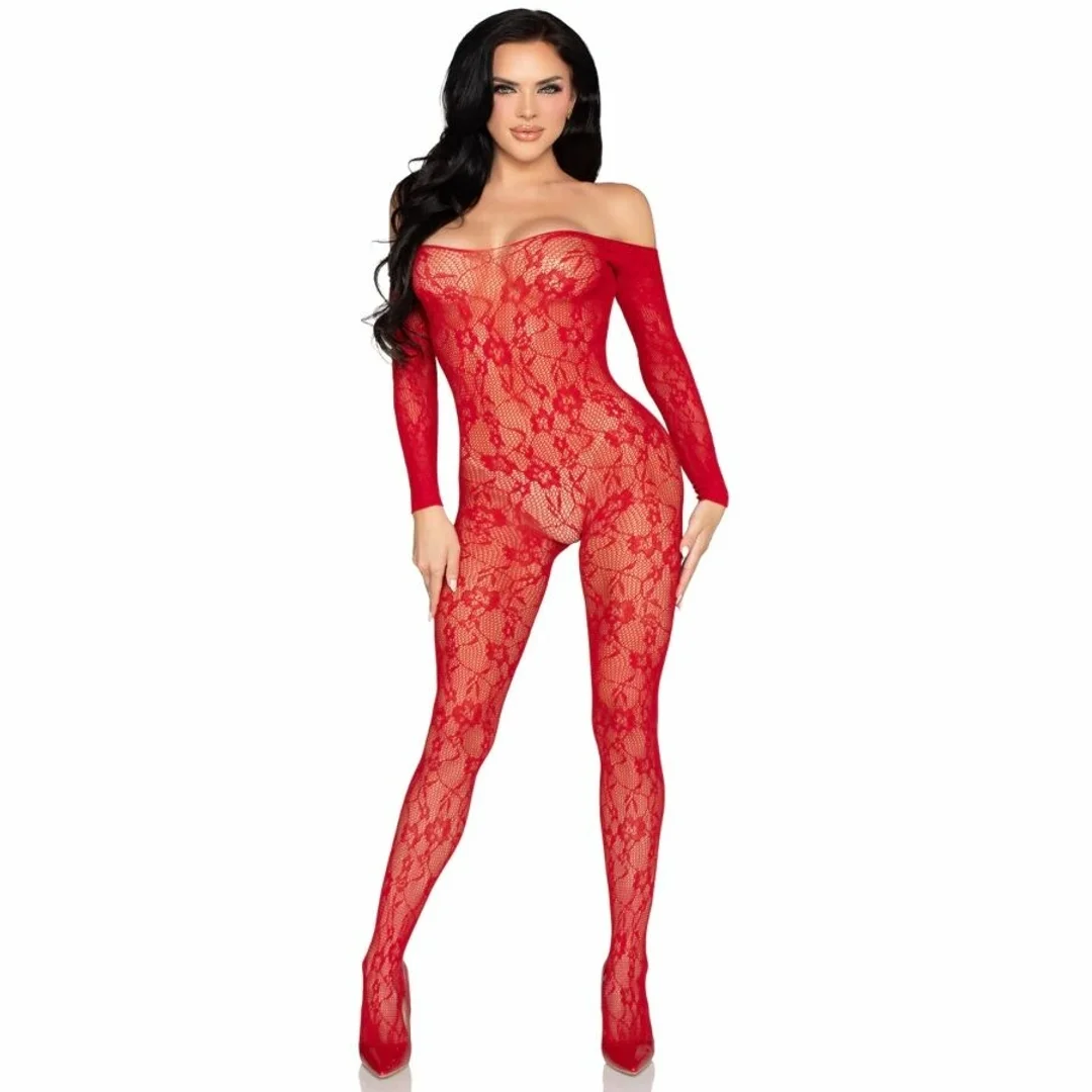 Leg Avenue 89366 Bodystocking koronkowy czerwony, kwiatowy wzor, uniwersalny — zdjęcie 5