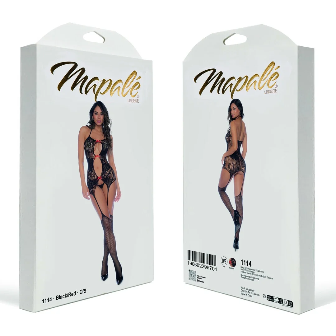 Leg Avenue Bow Siatka Jednoczęściowy Bodystocking Czarny/Czerwony One Size — zdjęcie 4