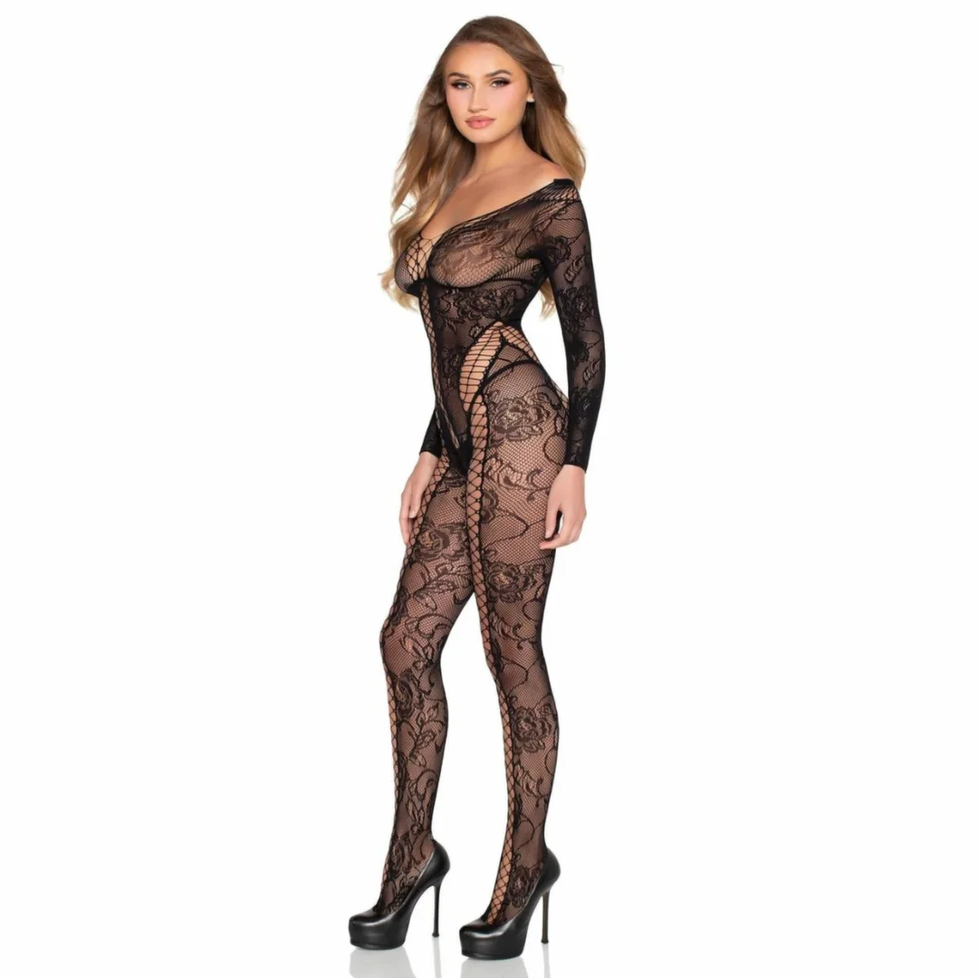 Leg Avenue Lace Bodystocking Black - koronkowy model z długim rękawem — zdjęcie 6