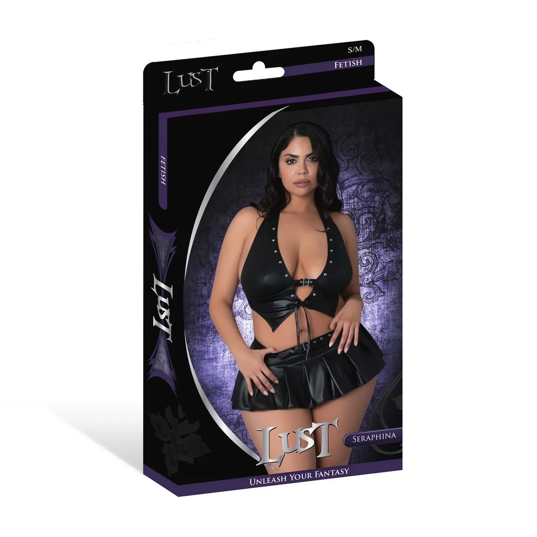 Magic Silk Seraphina 2XL - Kamizelka i stringi z falbaną, czarna eko-skora — zdjęcie 4