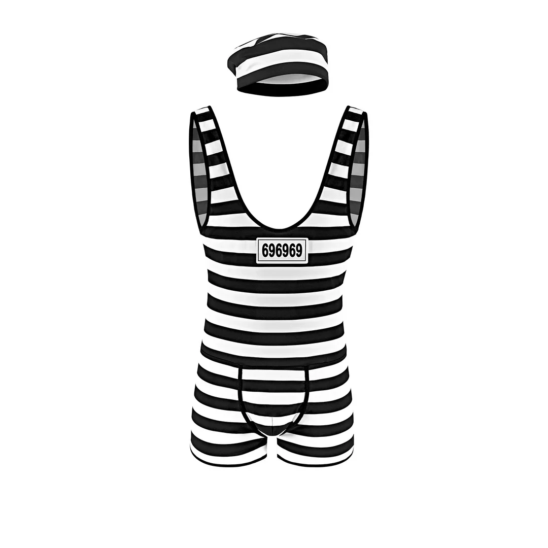 Male Power Kostium więzienny L/XL z czapką, jednoczęściowy, czarno-biały — zdjęcie 4