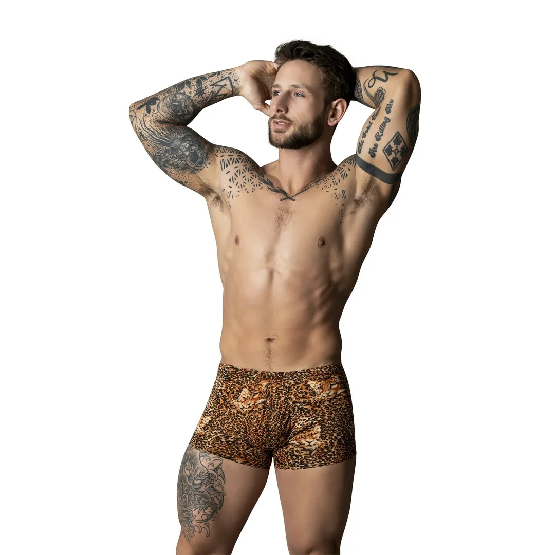 Male Power Pantalon Corto XL z pierścieniem silikonowym, wzor leopard brązowy — zdjęcie 3