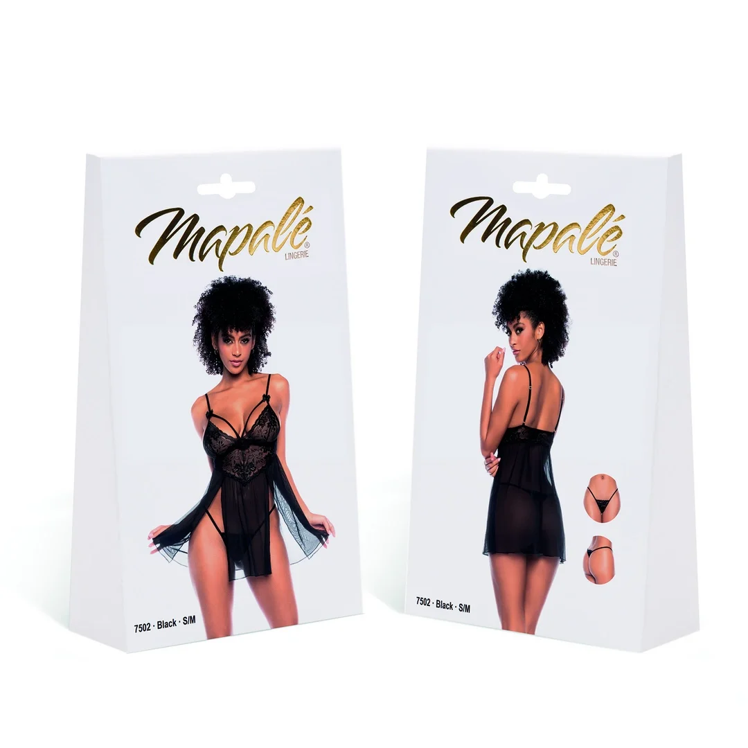 Mapale Babydoll L/XL Czarny z Koronką i Tiulem Regulowane Ramiączka — zdjęcie 2