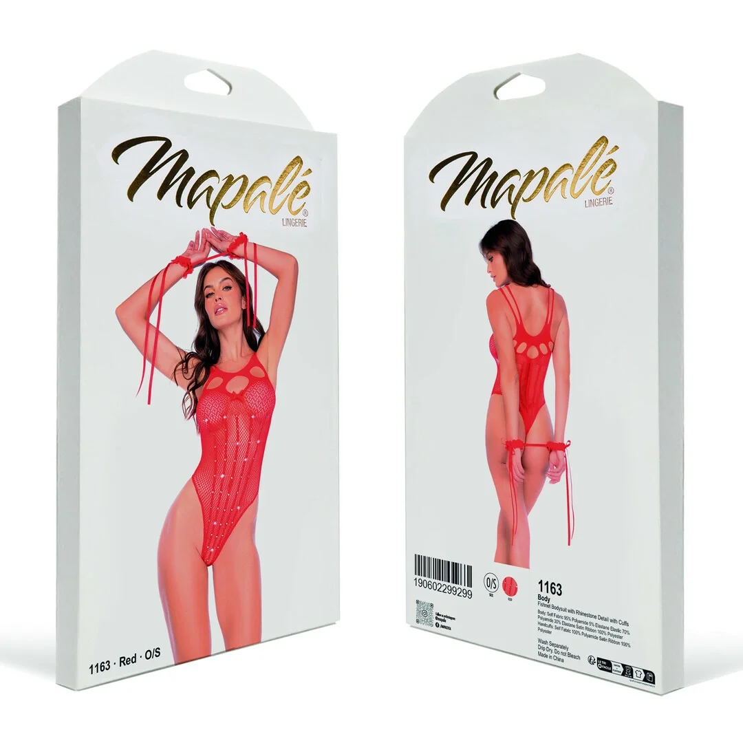 Mapale Bodystocking siateczkowy z kryształkami i mankietami czerwony uniwersalny — zdjęcie 4