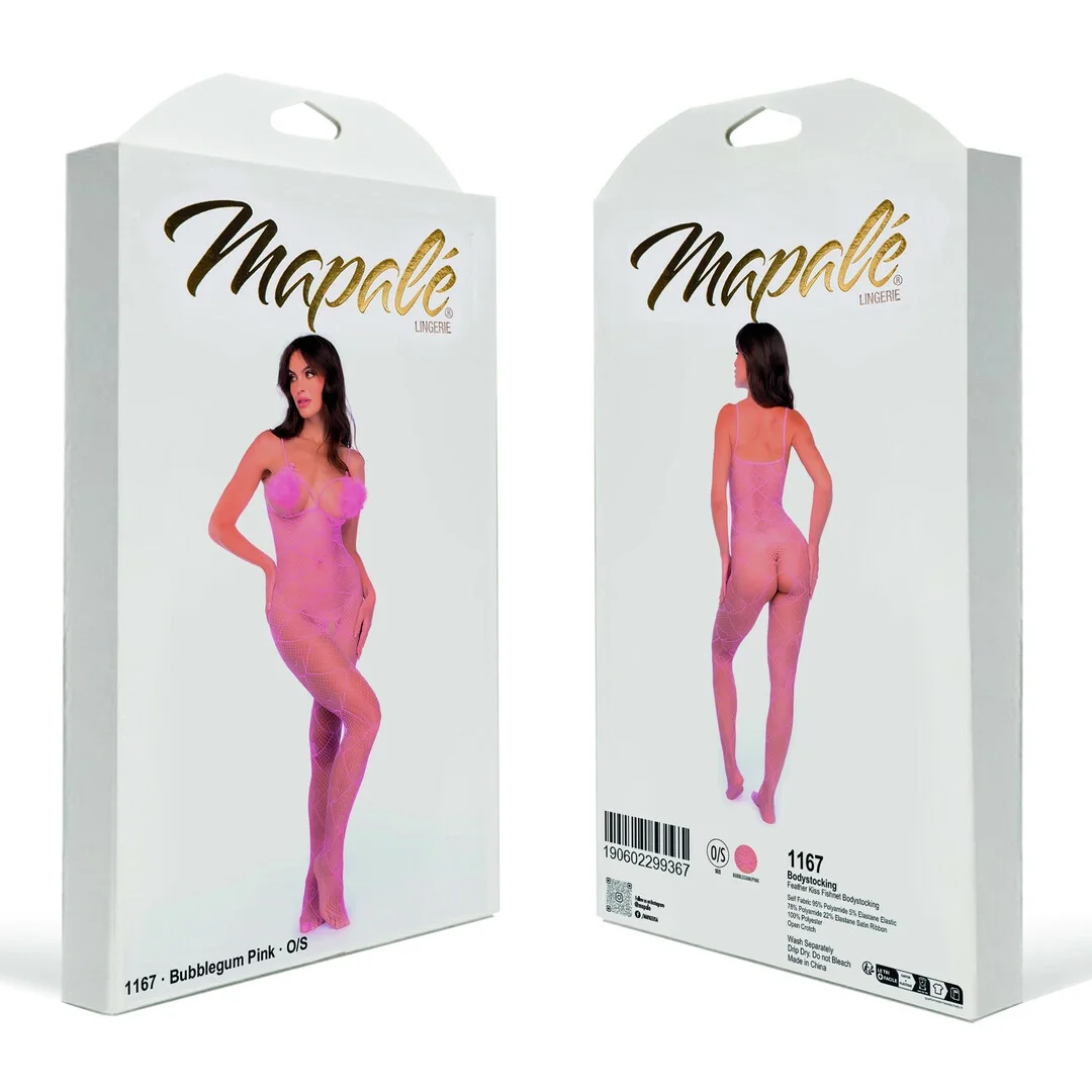 Mapale Feather Kiss Fishnet Bodysuit Bubbelgum Pink siateczkowy jednoczęściowy — zdjęcie 3