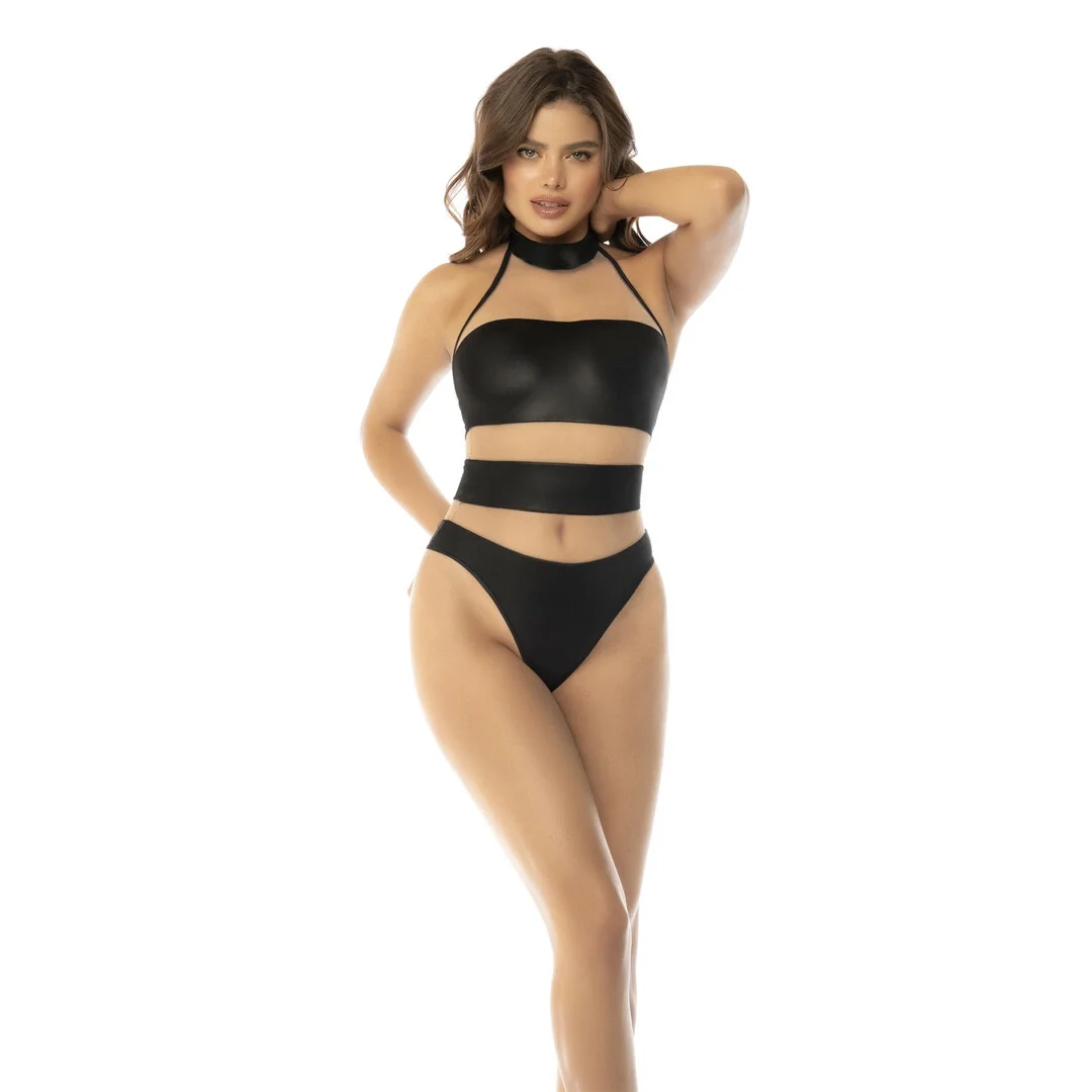Mapale Halter Bodysuit XL nude/czarny z siateczką i paskami — zdjęcie 3