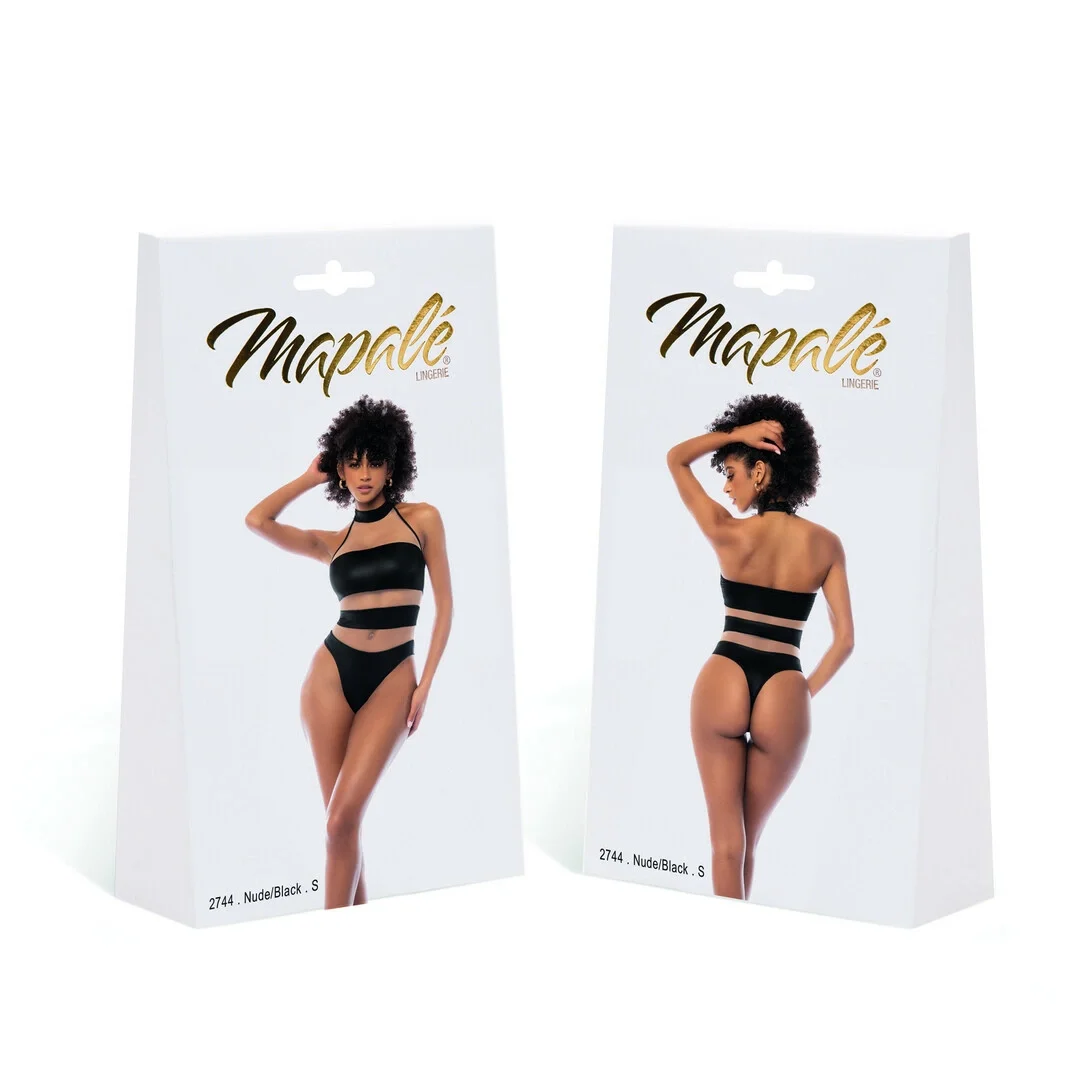 Mapale Halter Bodysuit XL nude/czarny z siateczką i paskami — zdjęcie 5