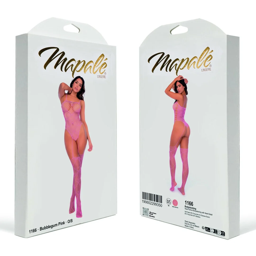 Mapale Heart Fishnet Bodystocking Bubbelgum Pink z motywem serca One Size — zdjęcie 3