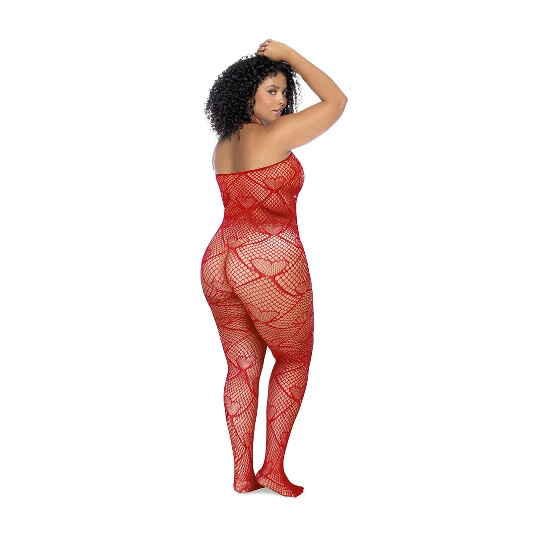 Mapale Heart Fishnet Bodystocking Queen Size Czerwony z Kryształkami — zdjęcie 2
