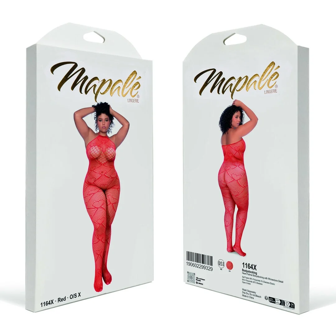 Mapale Heart Fishnet Bodystocking Queen Size Czerwony z Kryształkami — zdjęcie 3