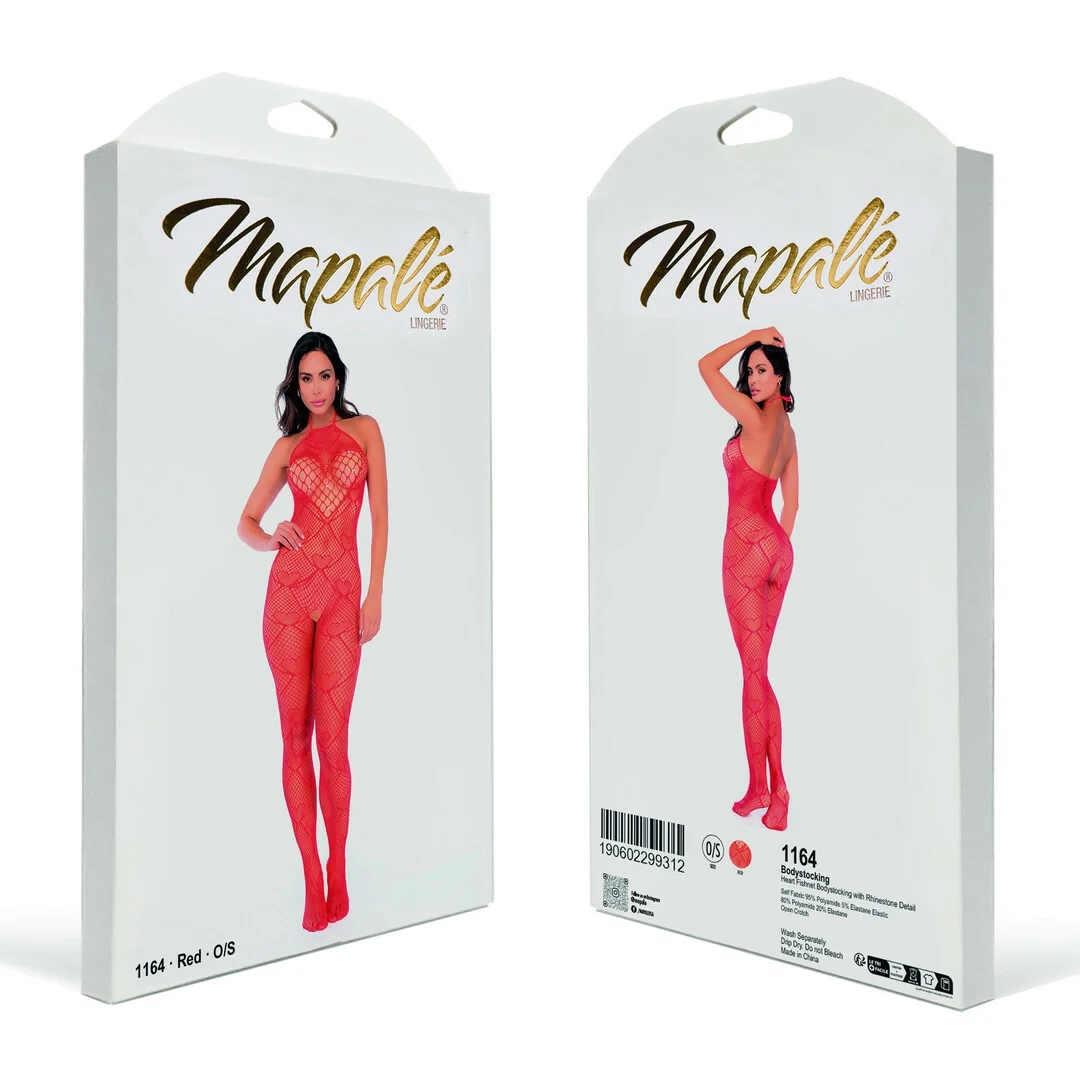 Mapale Heart Fishnet Bodystocking z Kryształkami Czerwony One Size — zdjęcie 4