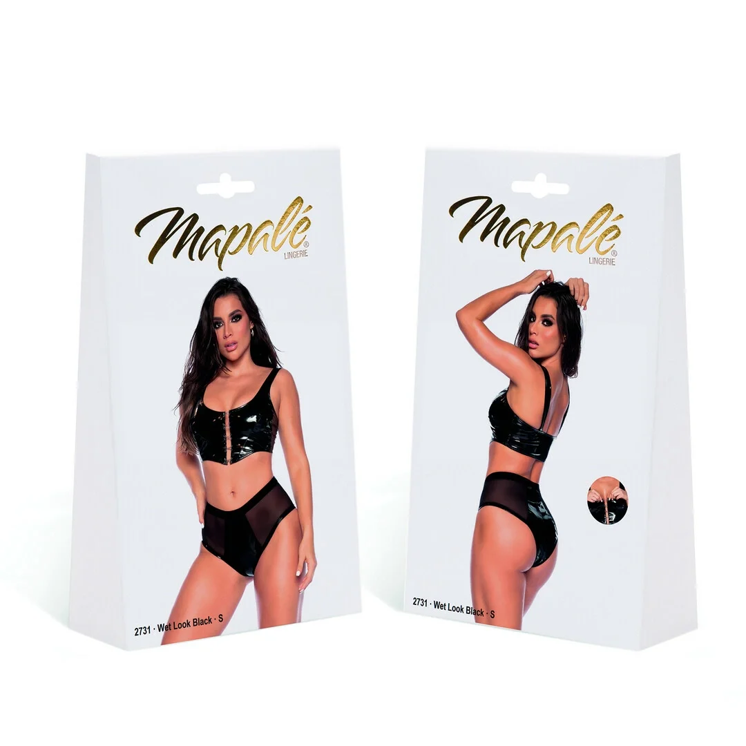Mapale Zestaw dwuczęściowy Wet Black L, top i majtki z winylu — zdjęcie 2