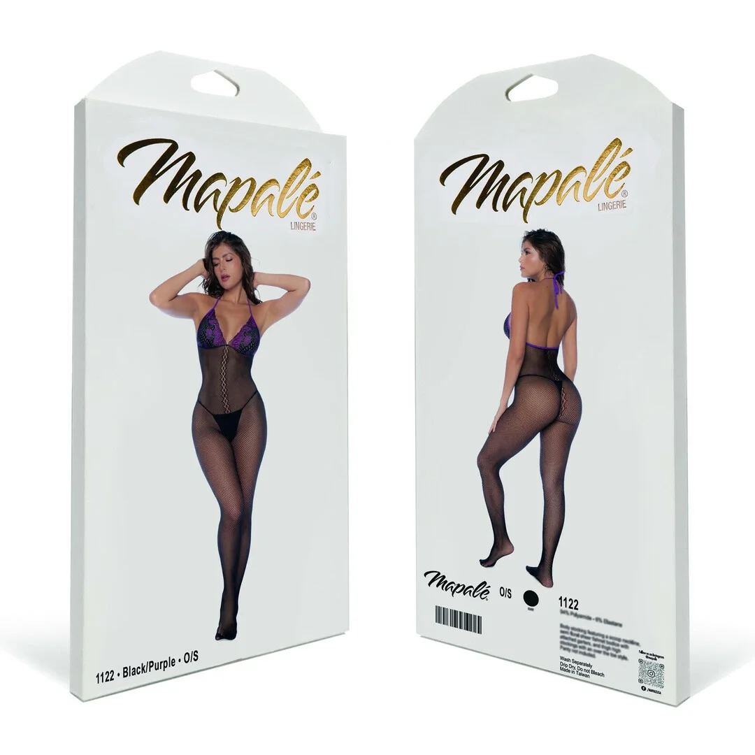 Mapele Bodystocking Fishnet & Lace Czarny/Fioletowy Uniwersalny — zdjęcie 3