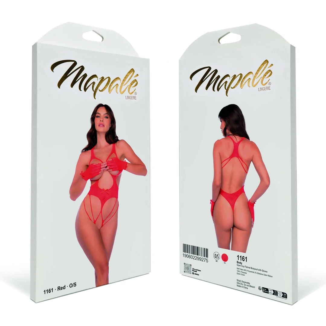 Mapele Bodystocking Open Cup z Rękawiczkami Czerwony One Size — zdjęcie 3