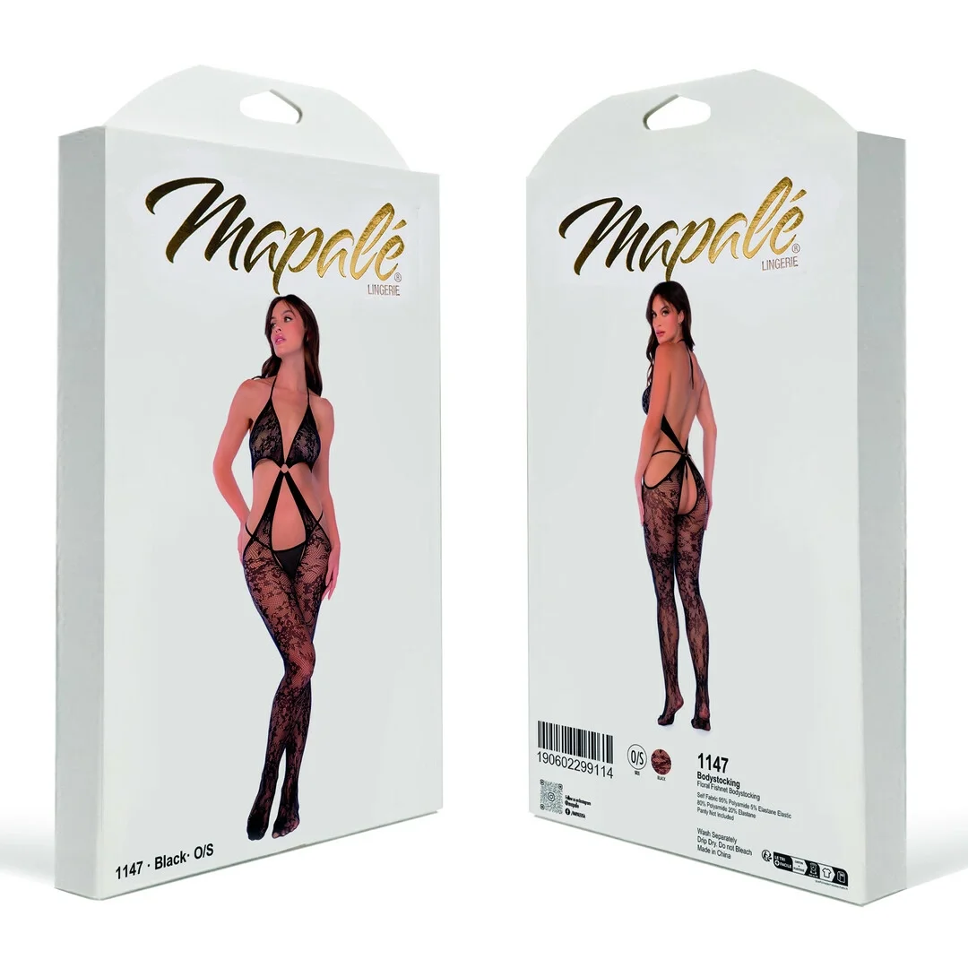 Mapele Floral Fishnet Bodystocking Czarny Uniwersalny Kwiatowy Wzor — zdjęcie 3