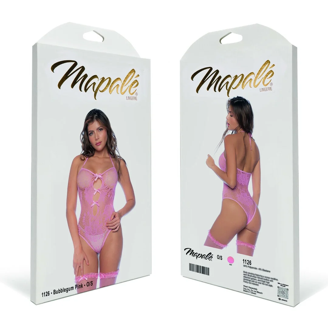 Mapele Floral Fishnet Bodysuit Set rożowy uniwersalny z kokardkami — zdjęcie 4