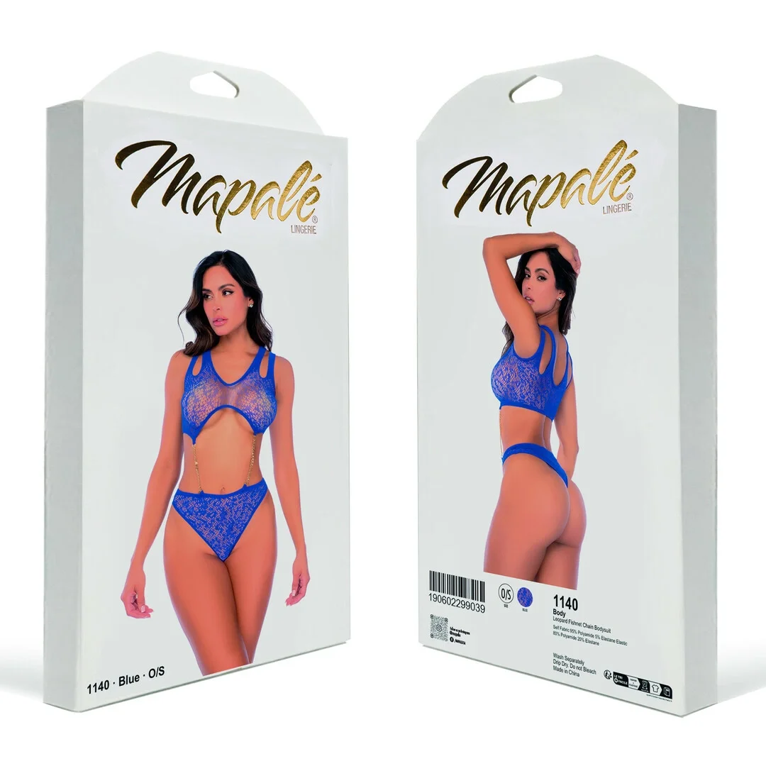 Mapele Leopard Fishnet Bodysuit łańcuszki niebieski One Size — zdjęcie 3