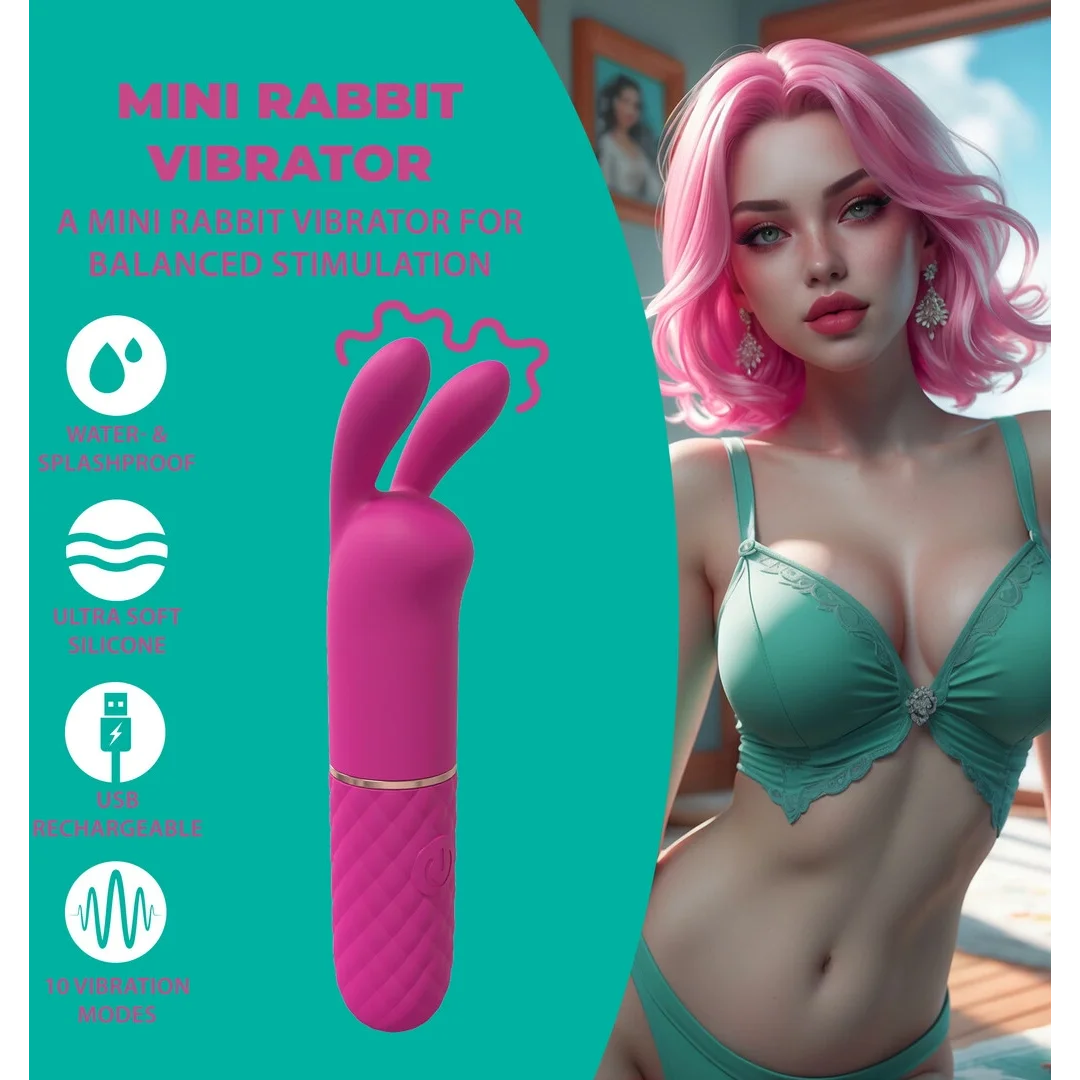 Mini Rabbit Vibrator Pink - kompaktowy masażer dwustrefowy, silikonowy — zdjęcie 7