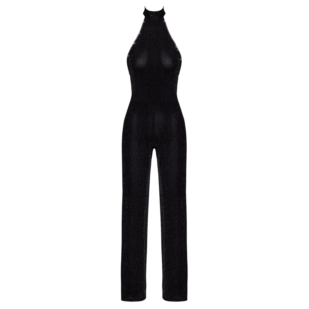 Noir Handmade Jumpsuit M Czarny Połyskujący z Odsłoniętymi Ramionami — zdjęcie 6