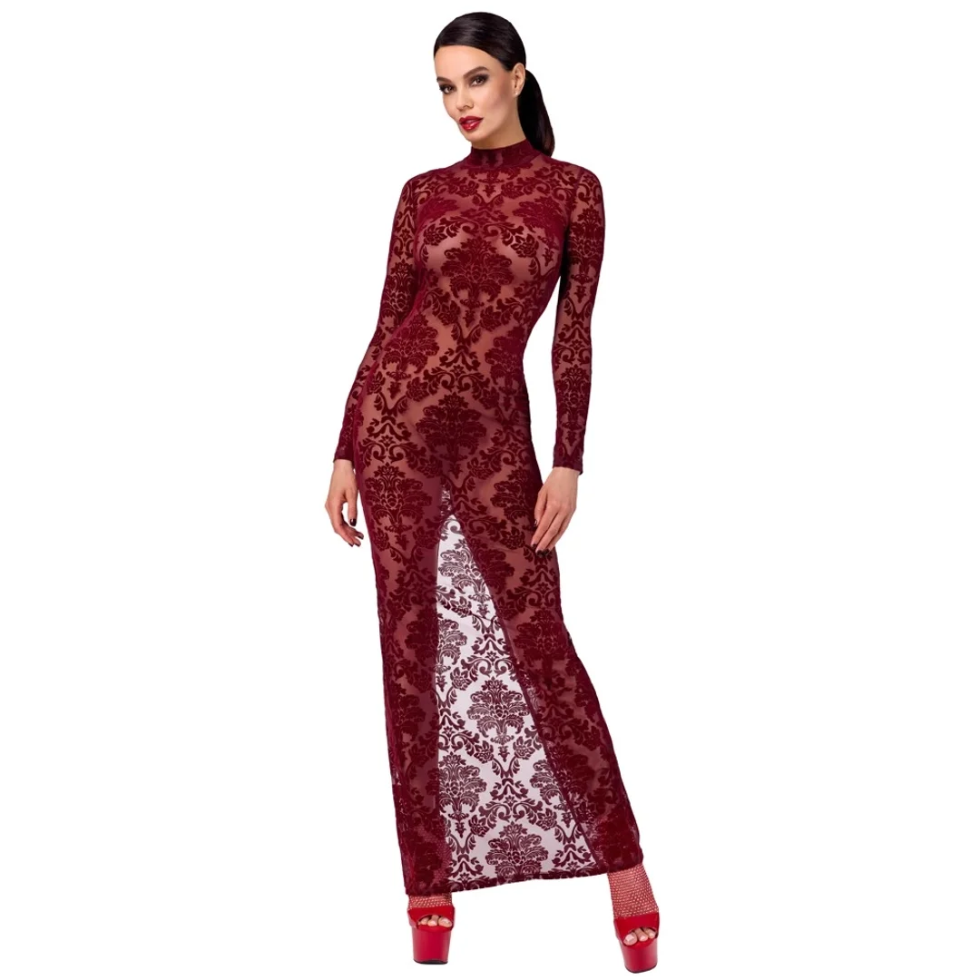 Noir Handmade Kink Royal długa sukienka bordowa z welurowym wzorem S — zdjęcie 2