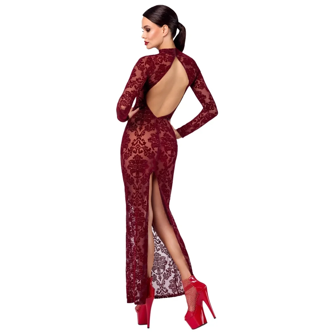 Noir Handmade Kink Royal długa sukienka bordowa z welurowym wzorem S — zdjęcie 3
