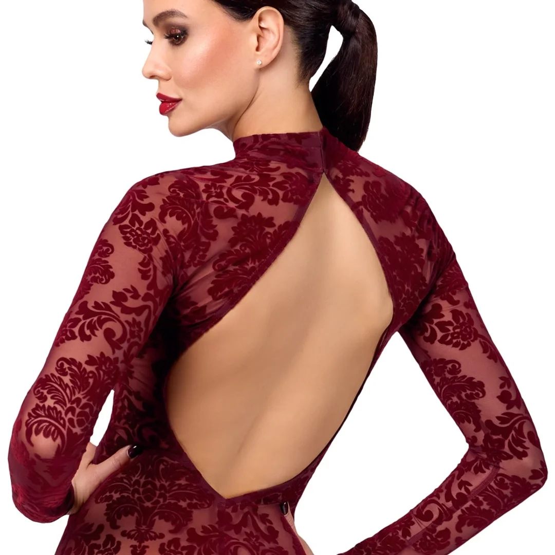 Noir Handmade Kink Royal długa sukienka bordowa z welurowym wzorem S — zdjęcie 5