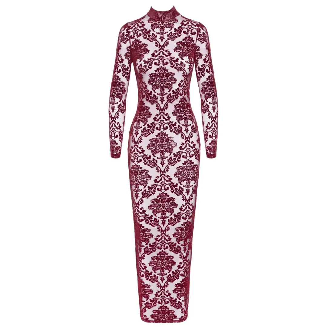 Noir Handmade Kink Royal długa sukienka bordowa z welurowym wzorem S — zdjęcie 6