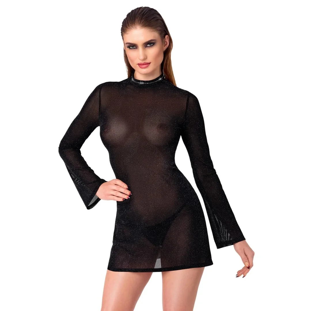 Noir Handmade Mini Dress L z transparentnym połyskiem i długimi rękawami — zdjęcie 6