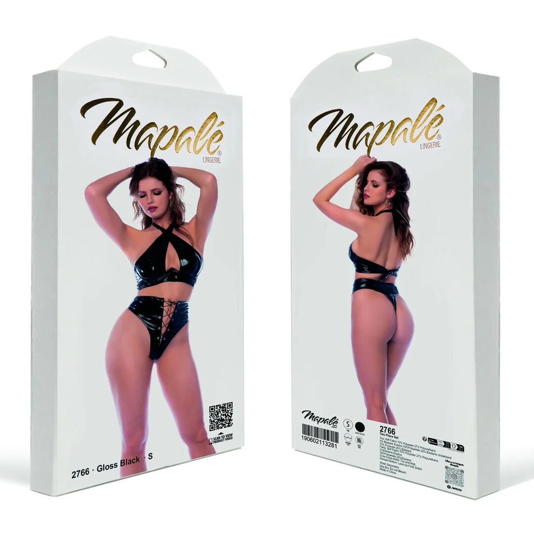 Noir Handmade Zestaw Halter XL Czarny Połysk z Wiązaniami i Koronką — zdjęcie 3