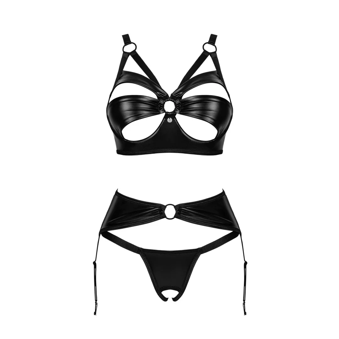 Obsessive Armares Black Komplet Bielizny Wet Look XS/S 3-częściowy — zdjęcie 3
