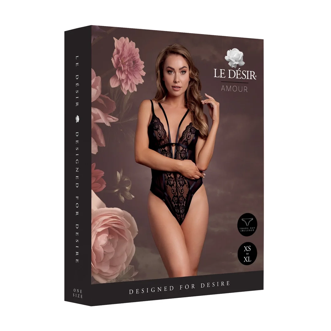 Obsessive Black Lace Bodysuit z Regulacją, Model z Fiszbiny, One Size — zdjęcie 2