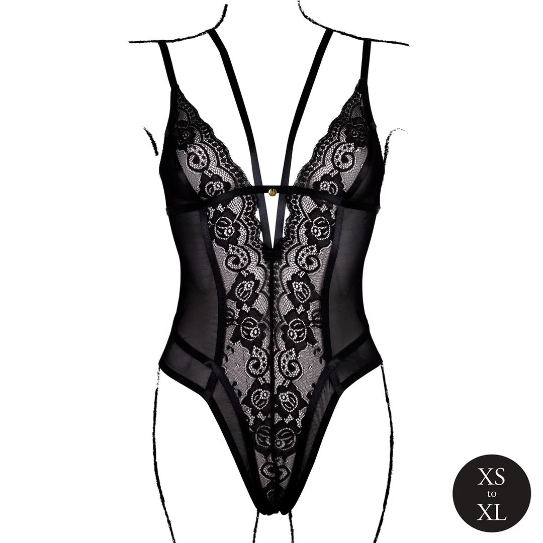 Obsessive Black Lace Bodysuit z Regulacją, Model z Fiszbiny, One Size — zdjęcie 5
