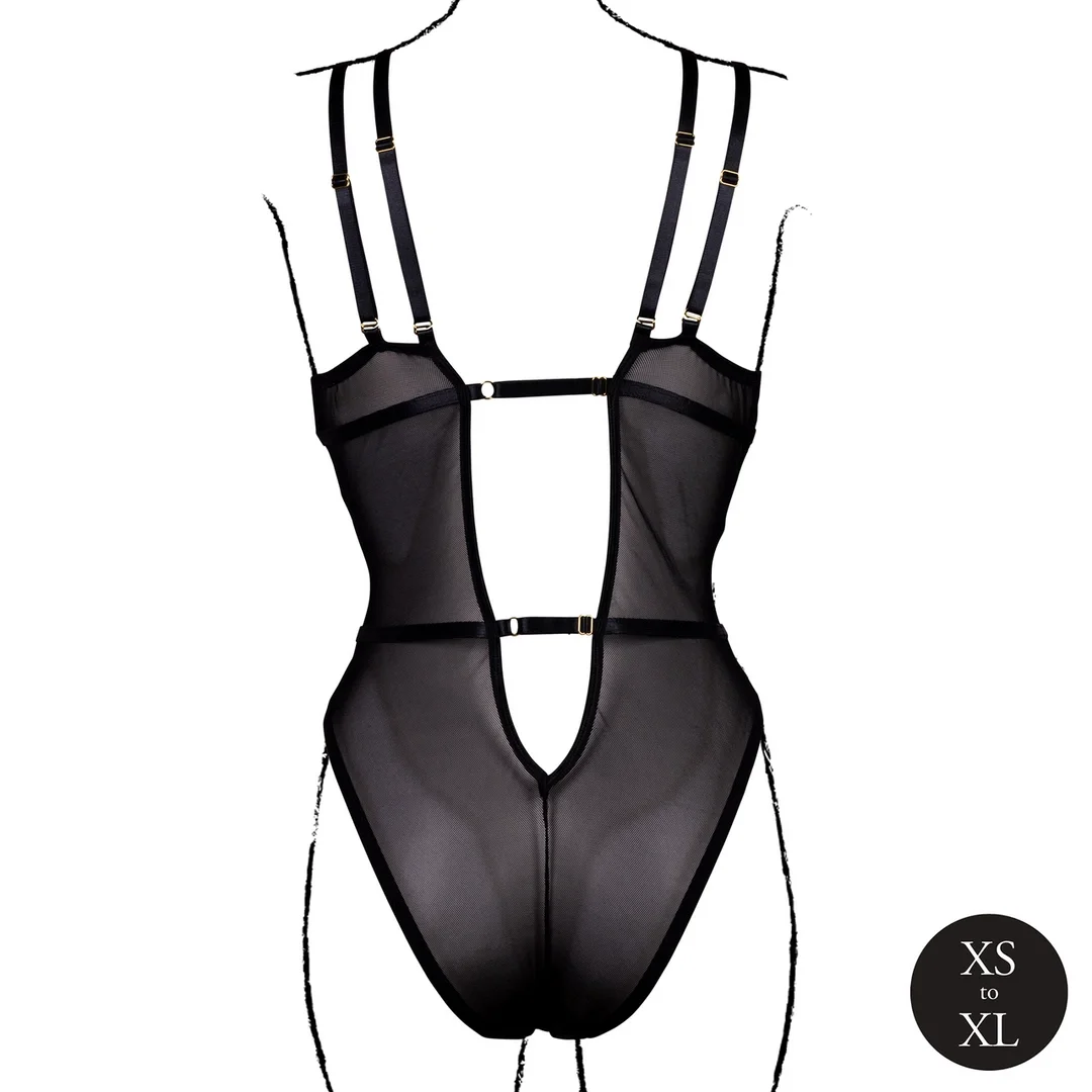 Obsessive Black Lace Bodysuit z Regulacją, Model z Fiszbiny, One Size — zdjęcie 6