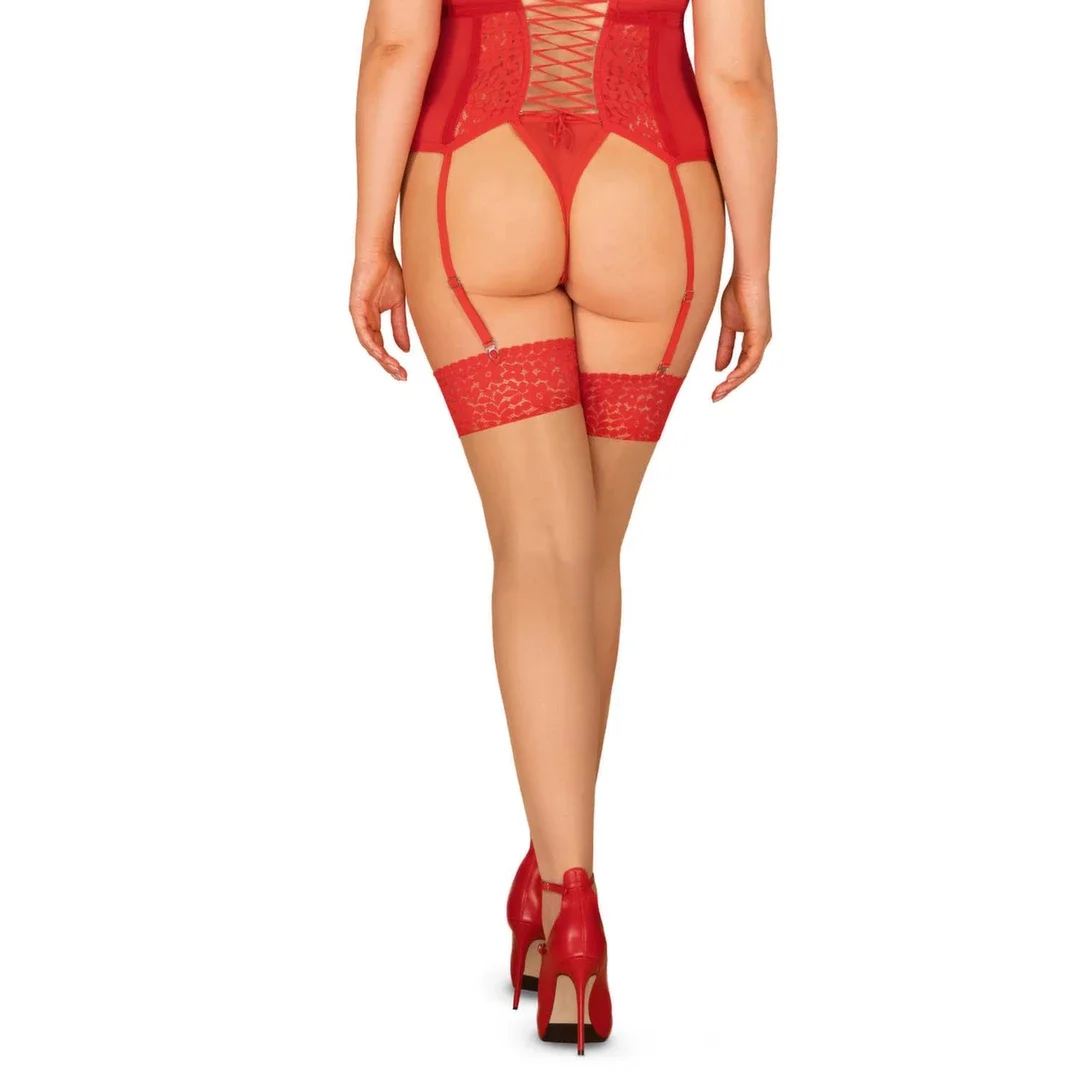 Obsessive Blossmina pończochy plus size czerwona koronka 6XL/7XL — zdjęcie 2