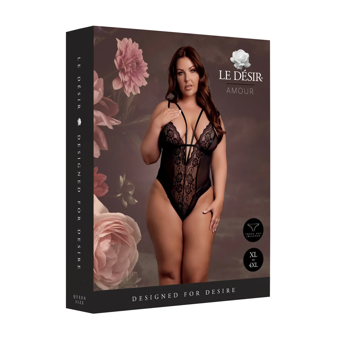 Obsessive Bodystocking koronkowy, regulowane ramiączka, czarny Plus Size — zdjęcie 2