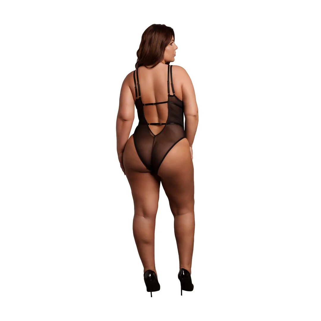 Obsessive Bodystocking koronkowy, regulowane ramiączka, czarny Plus Size — zdjęcie 4