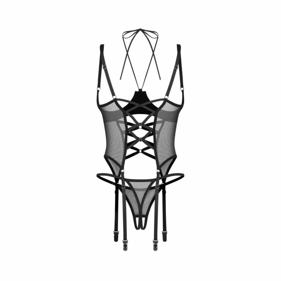 Obsessive Dominna Black - Gorset Wetlook z Prześwitującą Siatką i Stringami bez Krokusa 2XL/3XL — zdjęcie 5