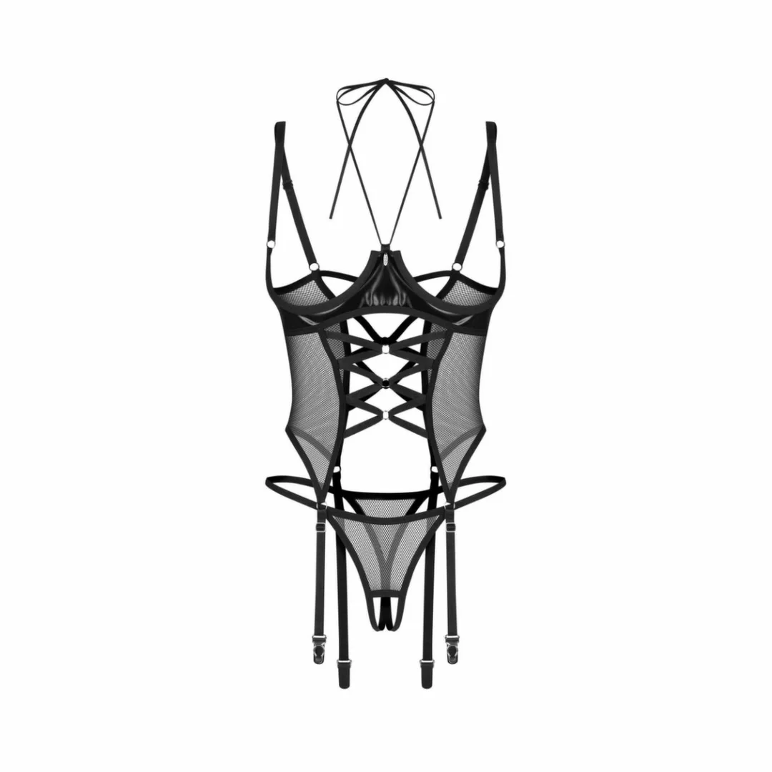 Obsessive Dominna Black - Gorset Wetlook z Prześwitującą Siatką i Stringami bez Krokusa 2XL/3XL — zdjęcie 6