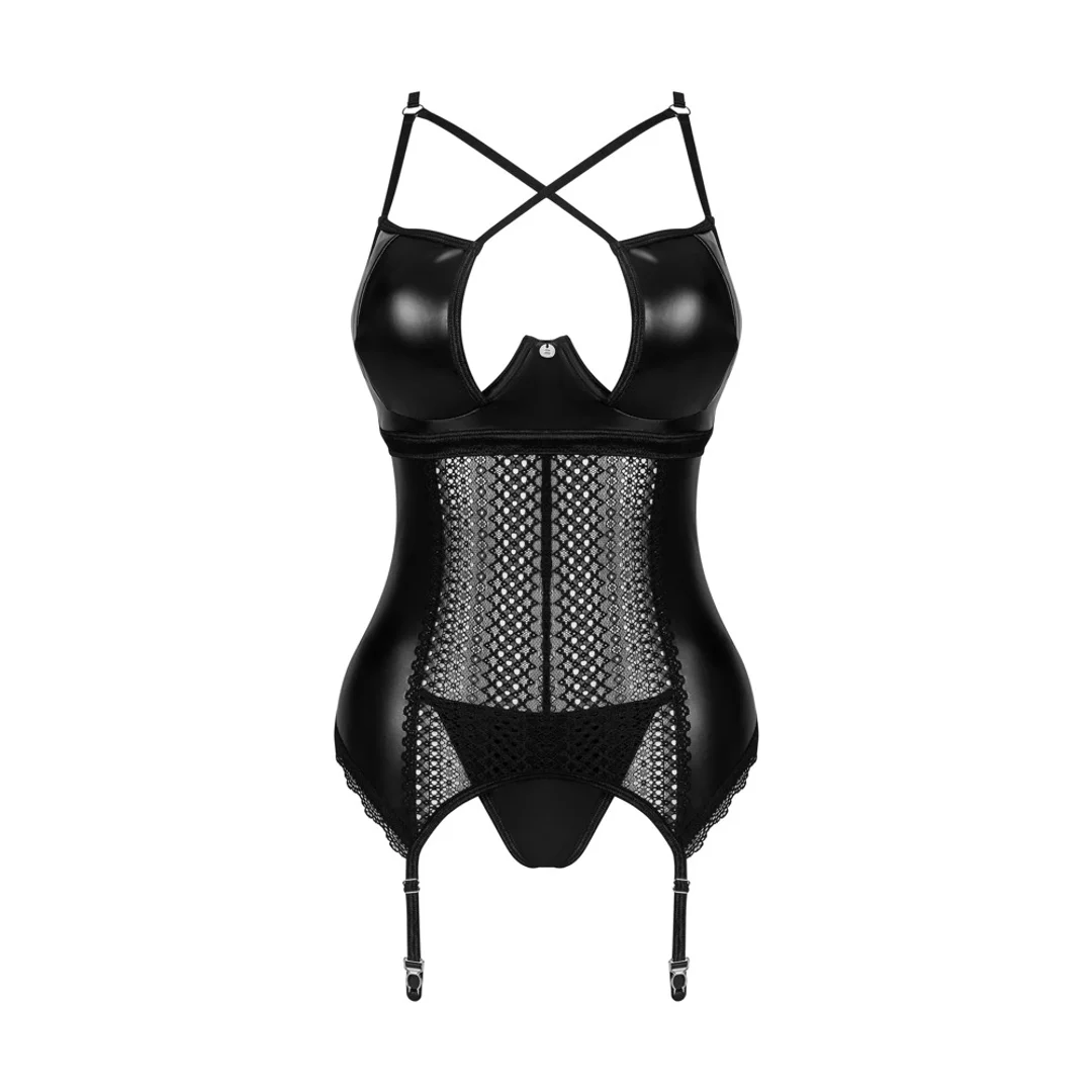 Obsessive Norides XL/2XL Czarny gorset z paskami do pończoch i stringami — zdjęcie 3
