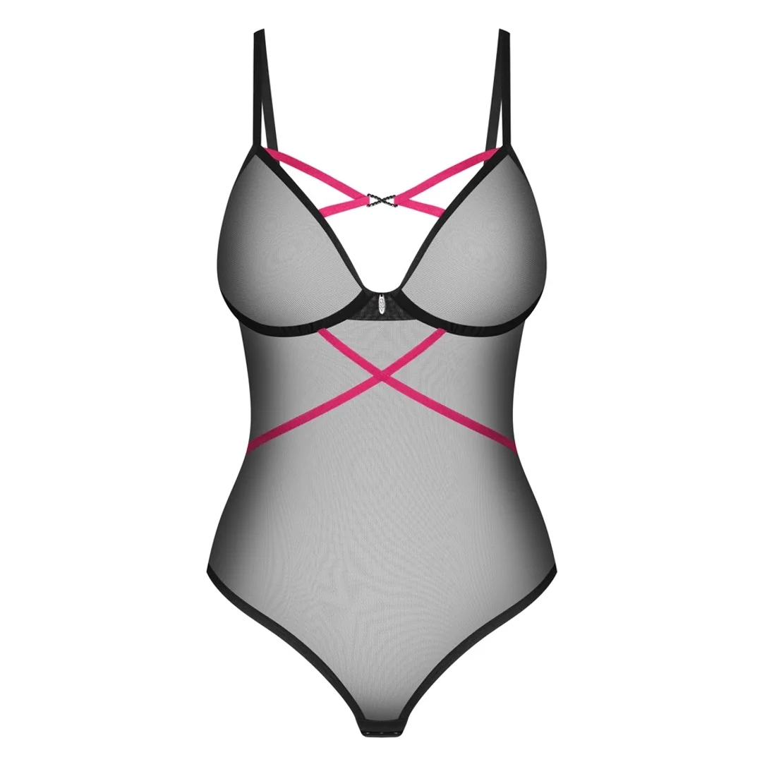 Obsessive Novenes Body XL/2XL czarne połprzezroczyste z rożowymi paskami — zdjęcie 4