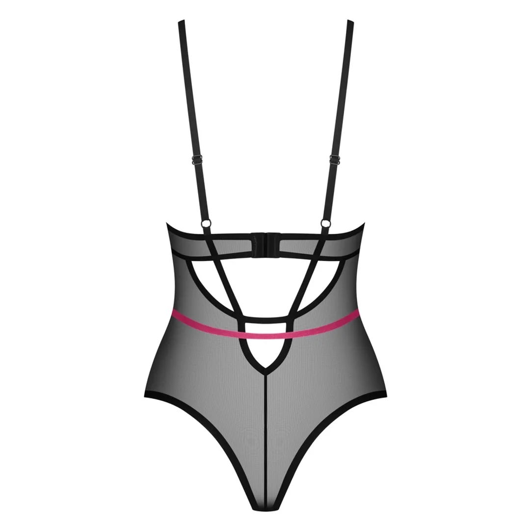Obsessive Novenes Body XL/2XL czarne połprzezroczyste z rożowymi paskami — zdjęcie 5