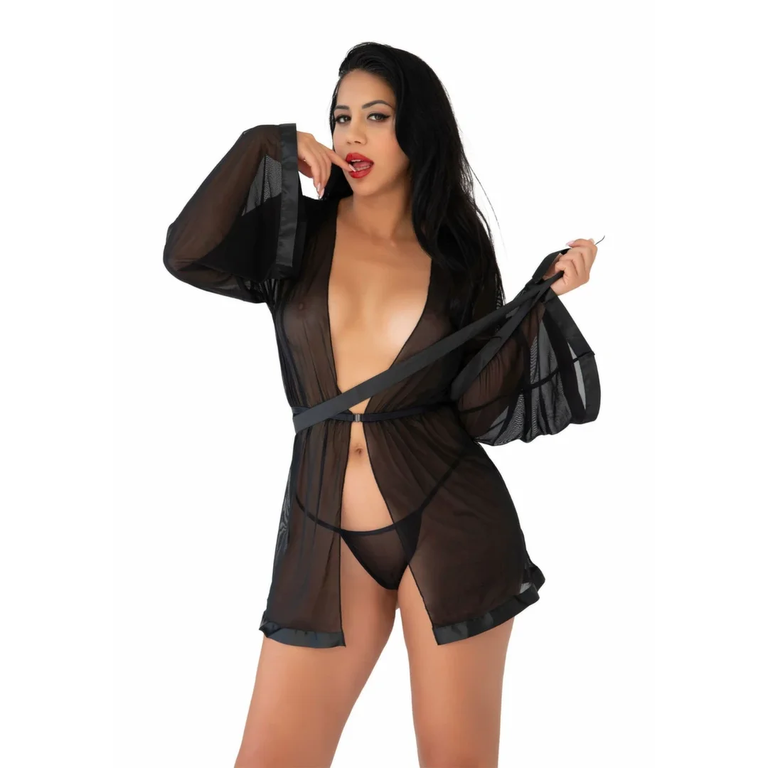 Obsessive Sheer Kimono and String czarne siateczkowe z koronką — zdjęcie 9