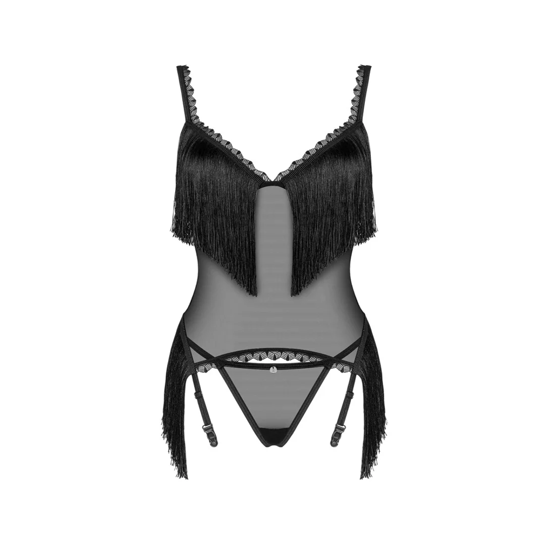 Obsessive Sherila XL/2XL - Czarna koszulka z siateczki i frędzlami + stringi — zdjęcie 3