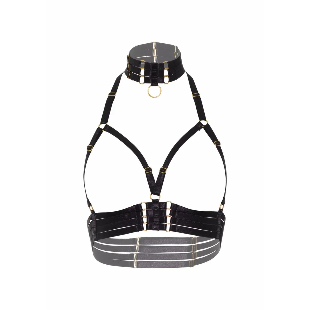 Open Cup Bra Plus O-Ring Collar satynowy pas z regulacją czarny — zdjęcie 5