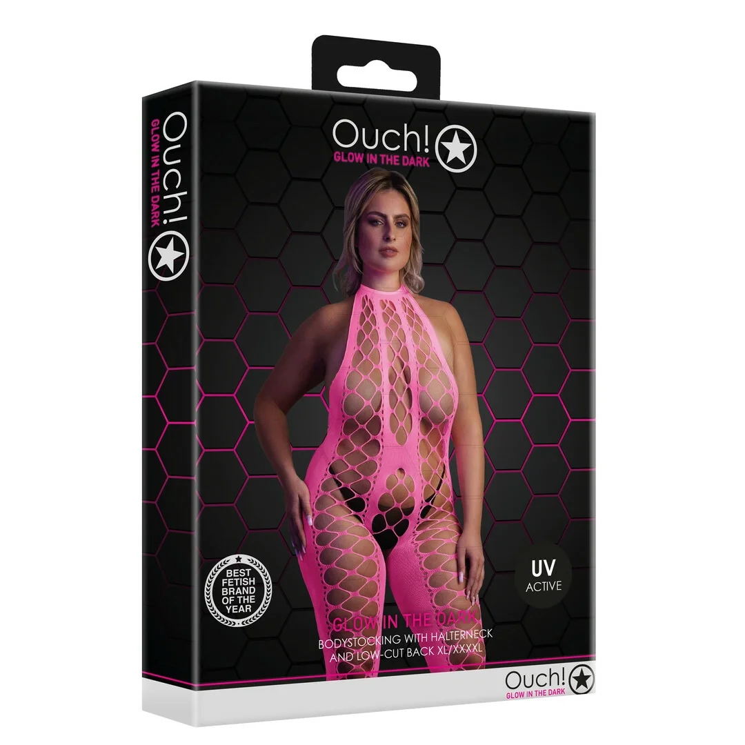 Ouch! by Shots Bodystocking Neon XL/XXXXL z dekoltem V, UV aktywacja — zdjęcie 2
