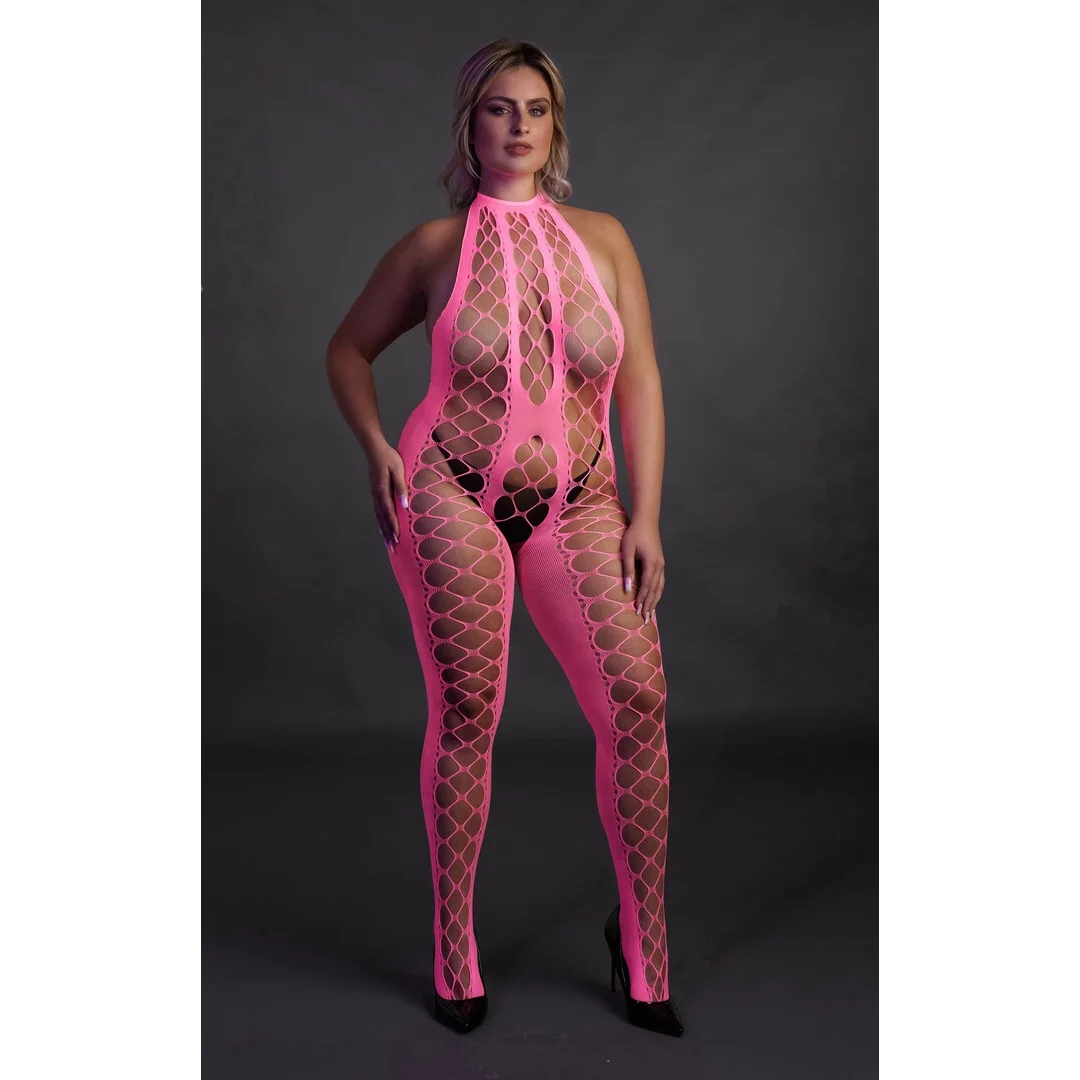 Ouch! by Shots Bodystocking Neon XL/XXXXL z dekoltem V, UV aktywacja — zdjęcie 6
